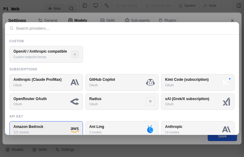 The Add provider catalog in Pi Agent settings, grouped into Custom, Subscriptions using OAuth, and API key providers listing model counts.