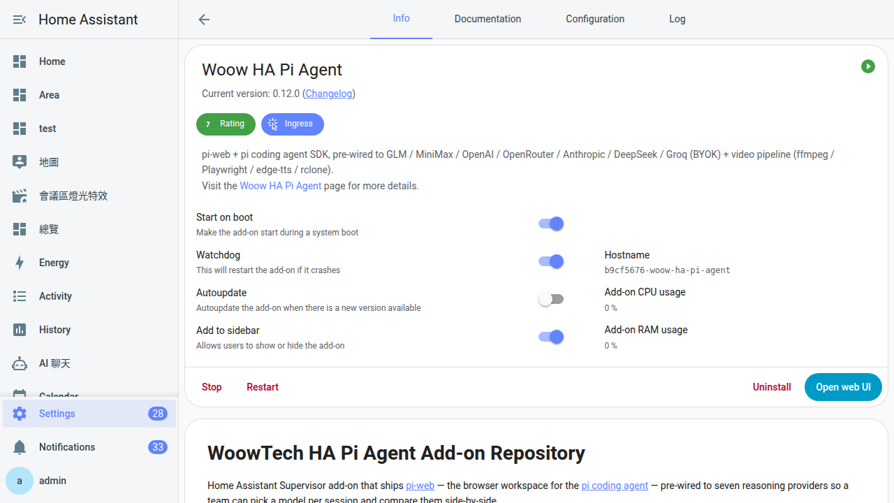 The Home Assistant add-on Info page for Woow HA Pi Agent: Current version 0.12.0 with a Changelog link under the title, a green Rating badge beside a blue Ingress badge, four toggles — Start on boot on, Watchdog on, Autoupdate off, Add to sidebar on — a right-hand column listing Hostname and add-on CPU and RAM usage at 0%, and a row of Stop, Restart, Uninstall and Open web UI buttons along the bottom.