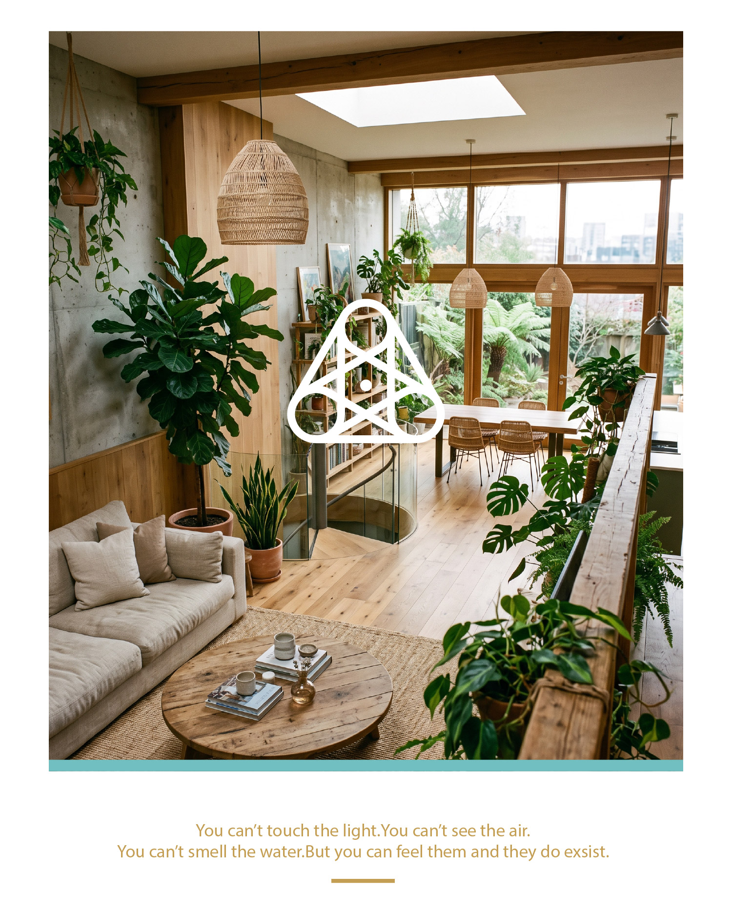 A double-height timber and concrete living space filled with plants, lit by a skylight and tall windows onto a garden