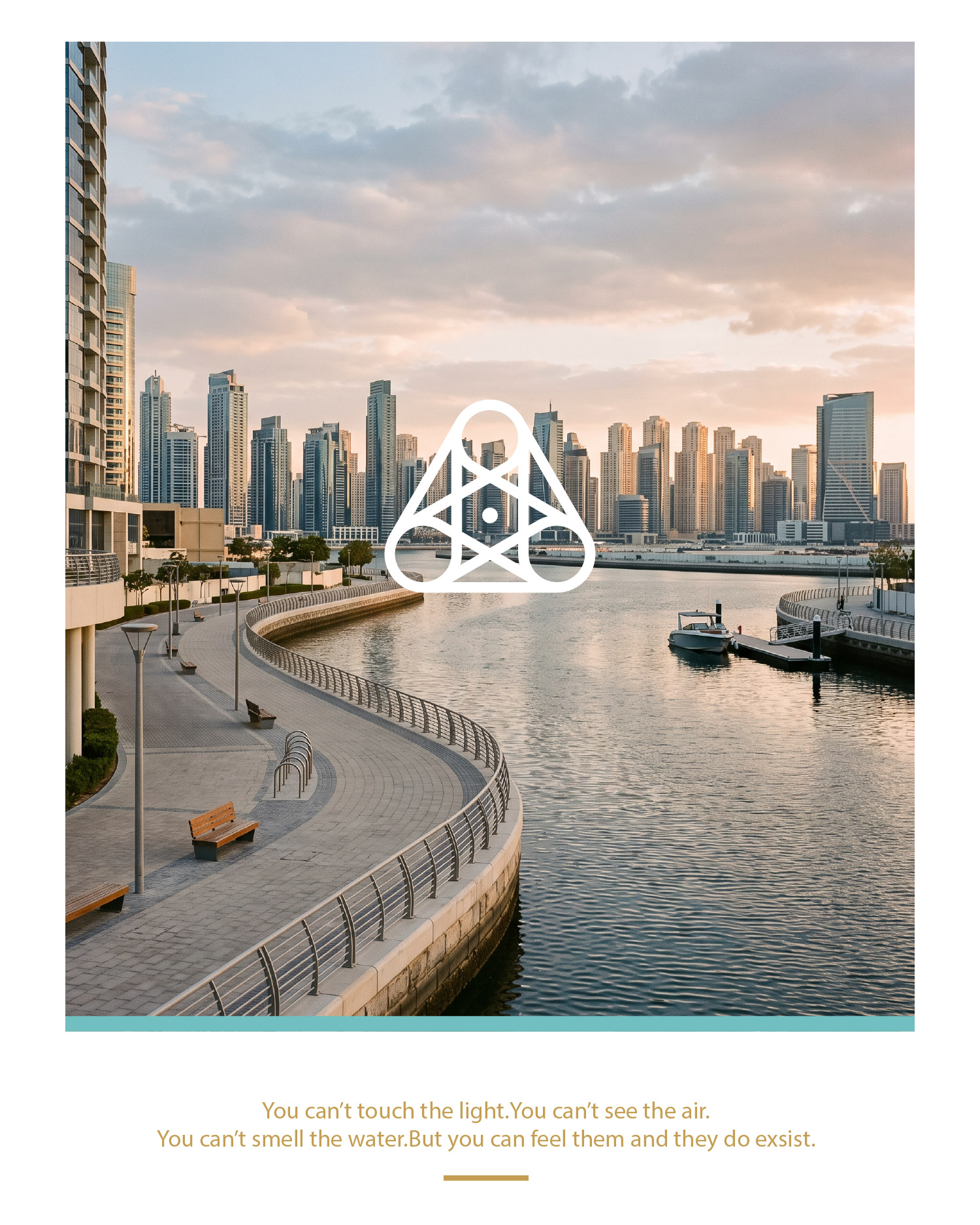 A curved waterfront promenade beside a marina canal, with a skyline of high-rise towers under a soft evening sky