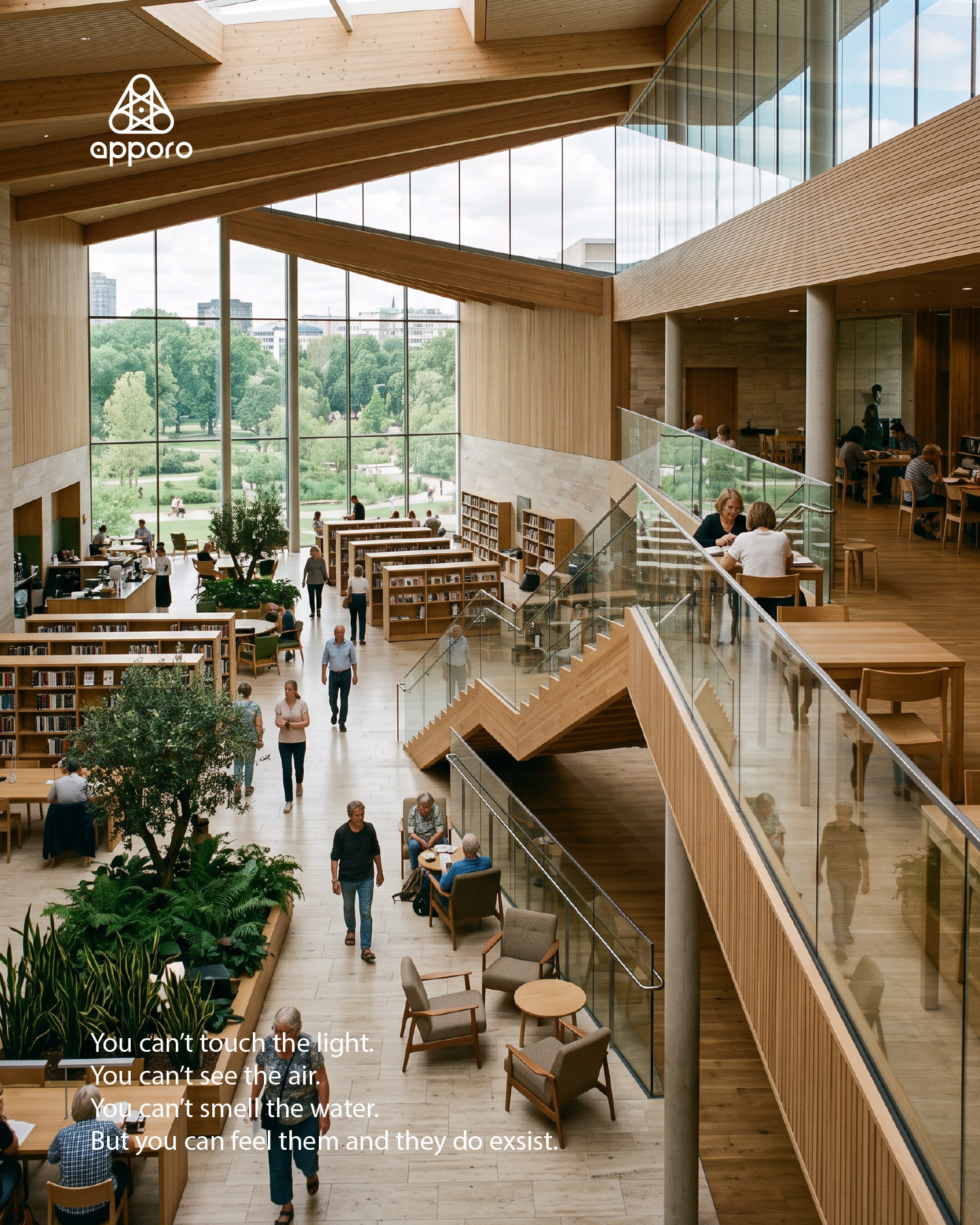 A timber library atrium with tall glazing onto a park, people walking between bookshelves and reading at tables